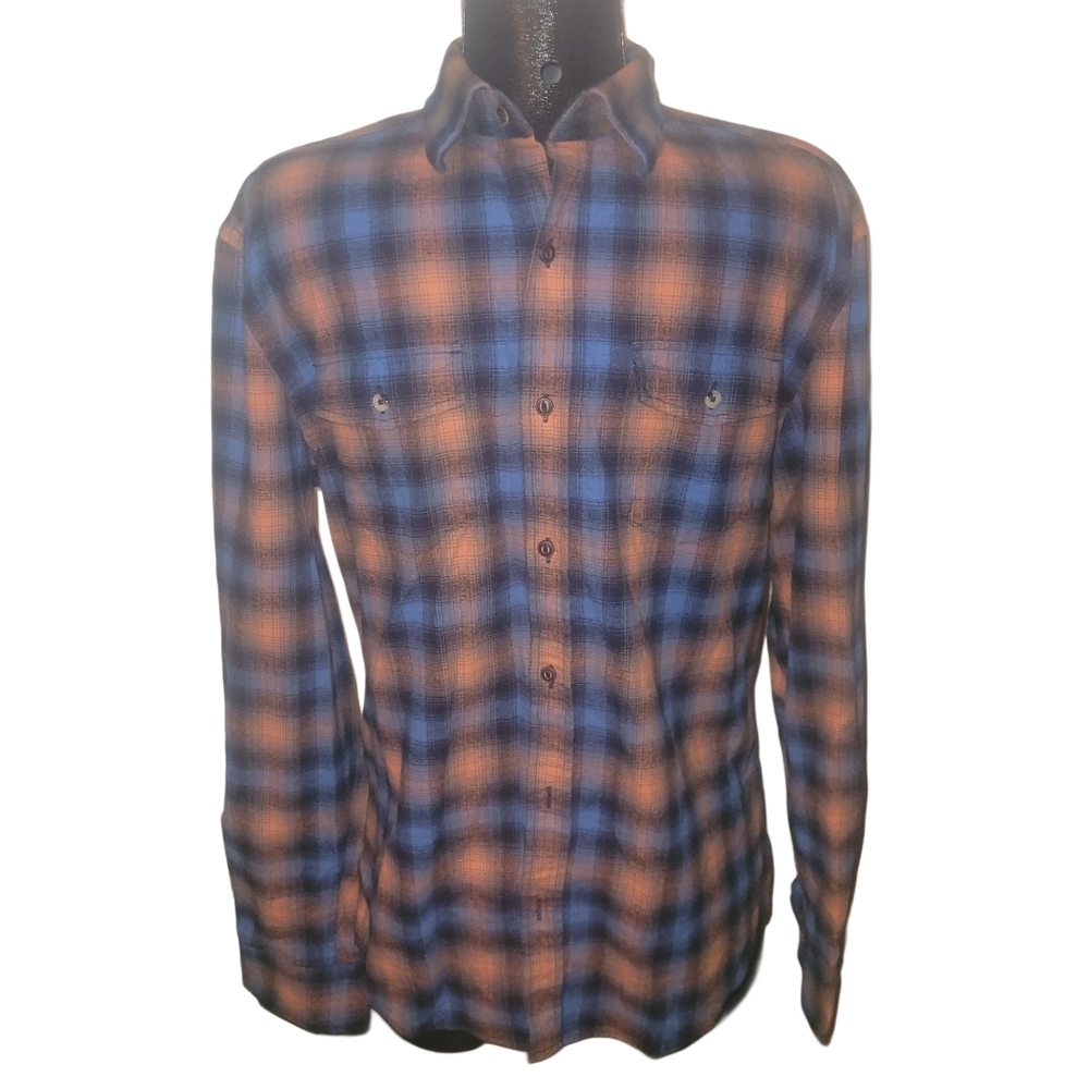 RW&CO. Men's Casual Blue and Orange Plaid Flannel Shirt Size M